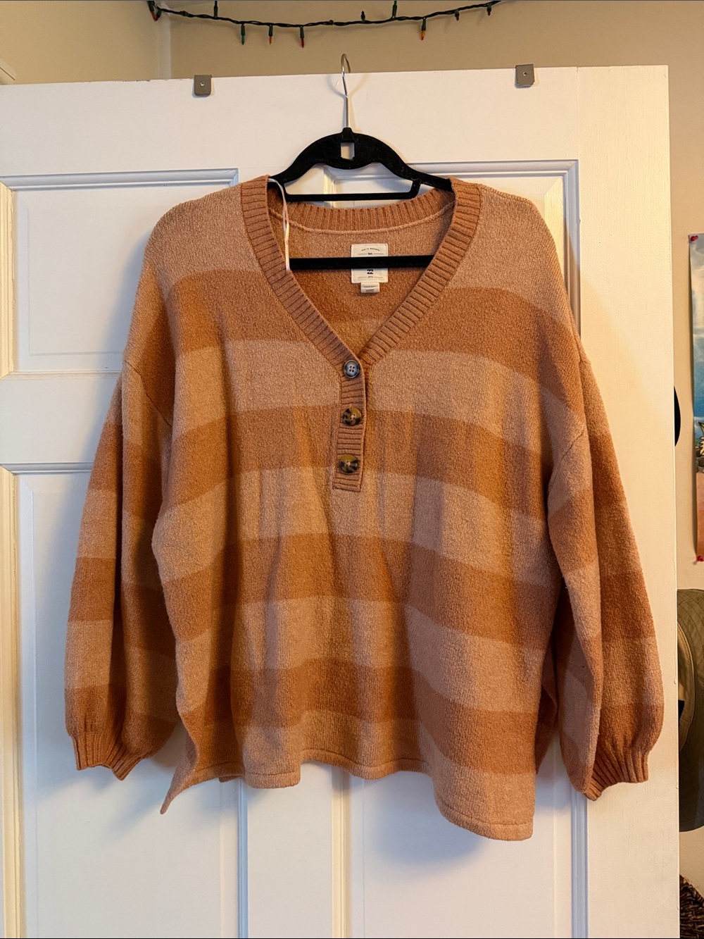 Billabong Striped V-Neck Henley Sweater - Tan & Cream